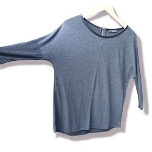Zara W&B Collection Grey Top Back Zip Faux Leather Trim Dolman Bat Sleeve Size S